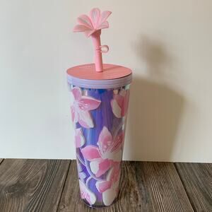 NWT Starbucks Cherry Blossom Tumbler with Straw Topper 24 oz Pink Floral Cold